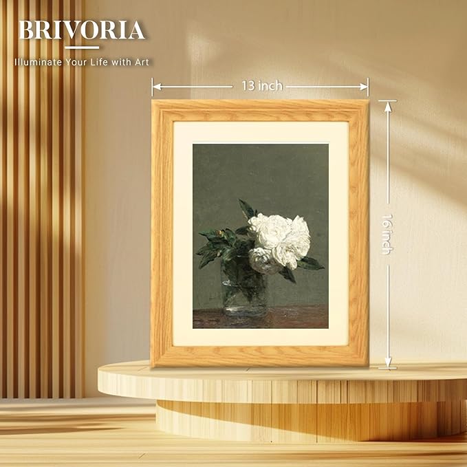 Brivoria Framed Canvas Wall Art Vintage Decor, White Roses in Clear Glass Vase Realist Botanical Still Life Print for Entryway Bedroom Kitchen Bathroom Hallway Decor, 13"x16"