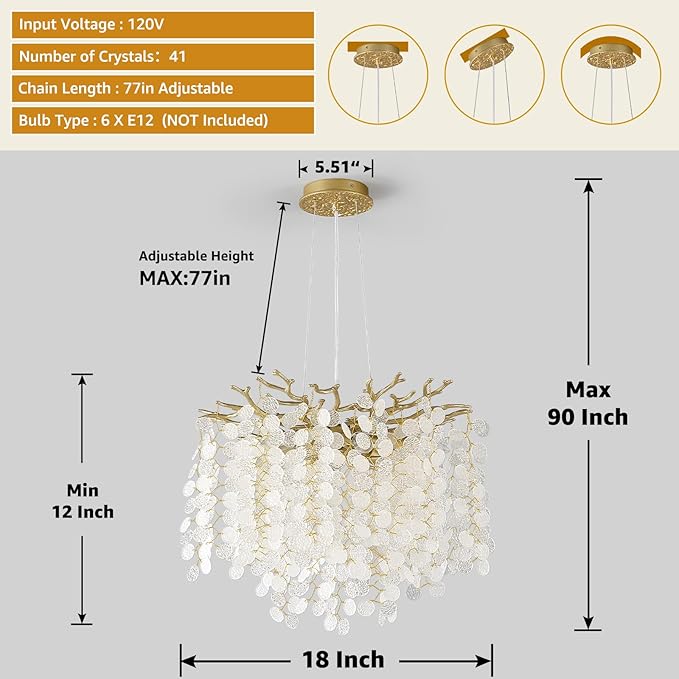 18-Inch Coastal Chandelier, 6-Light Gold Tree Branch Chandelier, Modern Foyer Bedroom Chandeliers with Adjustable Height, Round Crystal Pendant Light Fixtures for Entryway Dining Room, E12