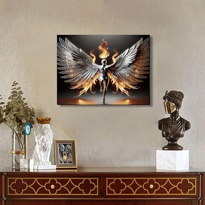 3D Metal Angel Wall Art Mural Futurism Poster Cybernetics Wing Warriors Canvas Printed Images Science Fiction Robot Artwork with Wings of Fire Modern Fantasy Gallery Decoration, Living Room Bedroom Office Manhole 12x16 inches