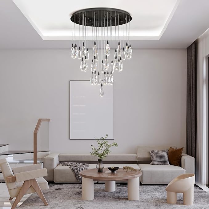 189" Luxury Long Crystal Chandelier, 43-Light Modern Black Raindrop Staircase Chandelier, Contemporary 4000K Dimmable Flush Mount Light Fixture for Foyer, Entryway, Living Room, High Ceilings