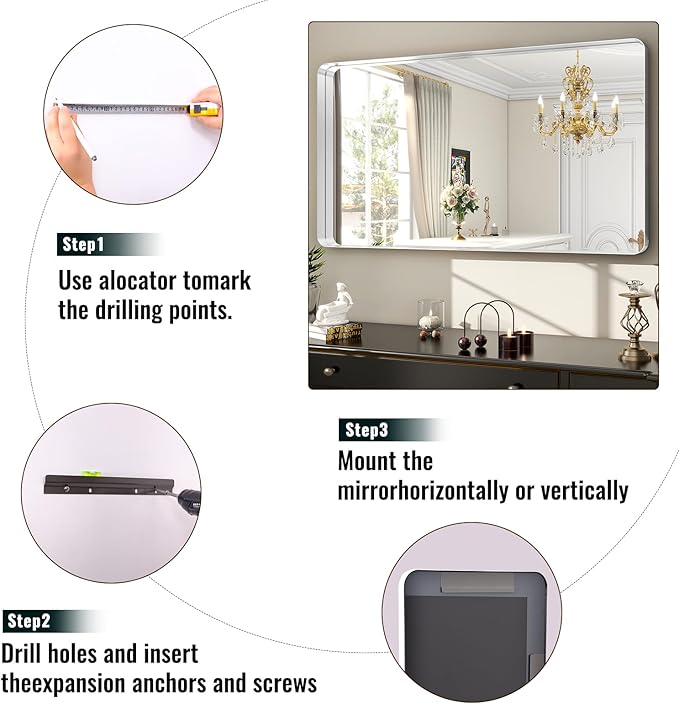 48 x 30 Inch Silver Bathroom Mirror, Rectangular Wall Mounted Shatterproof Mirror, Aluminum Alloy Frame with Rounded Corners, Horizontal or Vertical for Farmhouse Decor