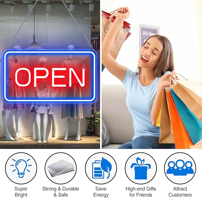 22.8"x 11.8" Ultra Bright 12V Neon Open Sign for Business, LED Open Neon Sign, Electric Light up Signs for Stores, Restaurants Offices Retail Shops Window(Blue-Red-Horizontal)
