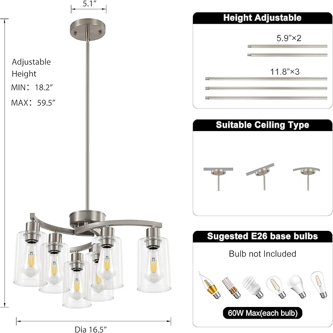 6 Light Modern Brushed Nickel Pendant Light Fixture for Dining Room，Kitchen Pendant Lighting Over Island，Adjustable Height Farmhouse Dining Chandeliers Over Table，with Glass Shade