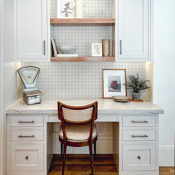 Cohoo Home Plaid Peel and Stick Wallpaper Boho Plaid Contact Paper for Cabinets 17.3inW 591inL Checkered Neutral Contact Paper Self Adhesive Removable Wallpaper for Bathroom NurseryWaterproof