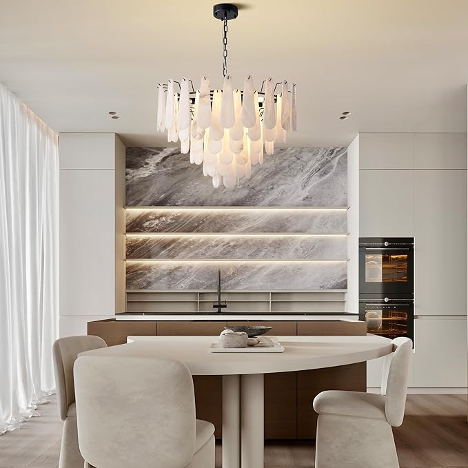 Alabaster Chandelier, D31.5 in Modern Round Chandelier, 6-Tiers Luxury Large White Marble Black Chandeliers for Dining Room Bedroom Foyer Living Room Entryway