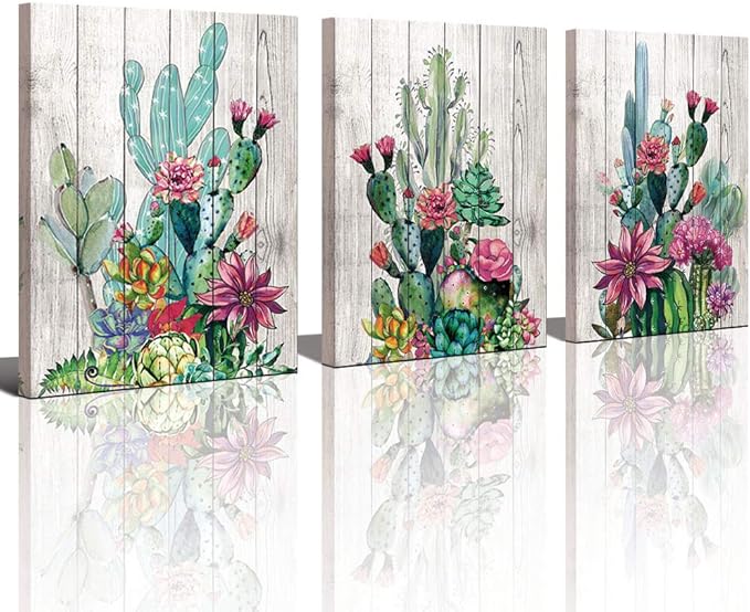 3 Piece Framed Wall Art Watercolor Tropical Plant Desert Cactus Canvas Print for Bedroom Bathroom Spiny Flower Artwork Home Office Wall Decoration 16x24 3 panels Decor
