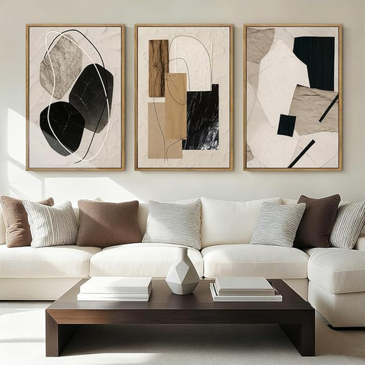 BINCUE Abstract Modern Wall Art Decor Framed Neutral Painting Prints Artwork for Living Room Bedroom 16x24 Inch Set of 3