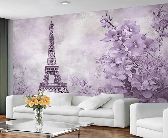Lilac Wall Murals, Eiffel Tower Mural Wallpaper, Purple Flowers Wall Decor, Vintage Mural for Bedroom, Romantic French Wallpaper for Living Room 157"（W） x 78"（H）
