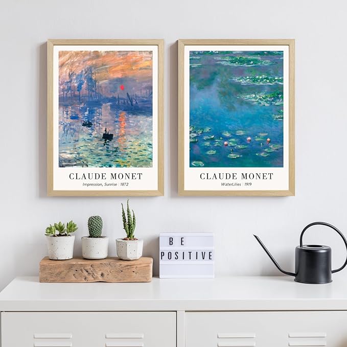 LLEEMPI Claude Monet Water Lilies Wall Art Set of 3, Maritime Sunrise Wall Decor, Vintage Aesthetic Botanical Canvas Prints, Classic Minimalist Poster Prints for Bedroom Office Wood Framed 16x24 Inch