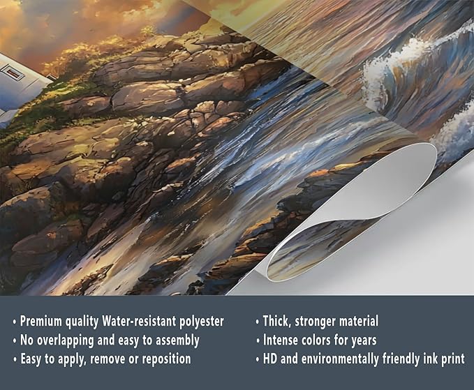 Coastal Mural Wallpaper, Ocean Lighthouse Murals, 3D Sunset Ocean Murals Wallpaper for Living Room Bedroom Home Decor Mural - 55" W x 28" H (Not Peel Stick)