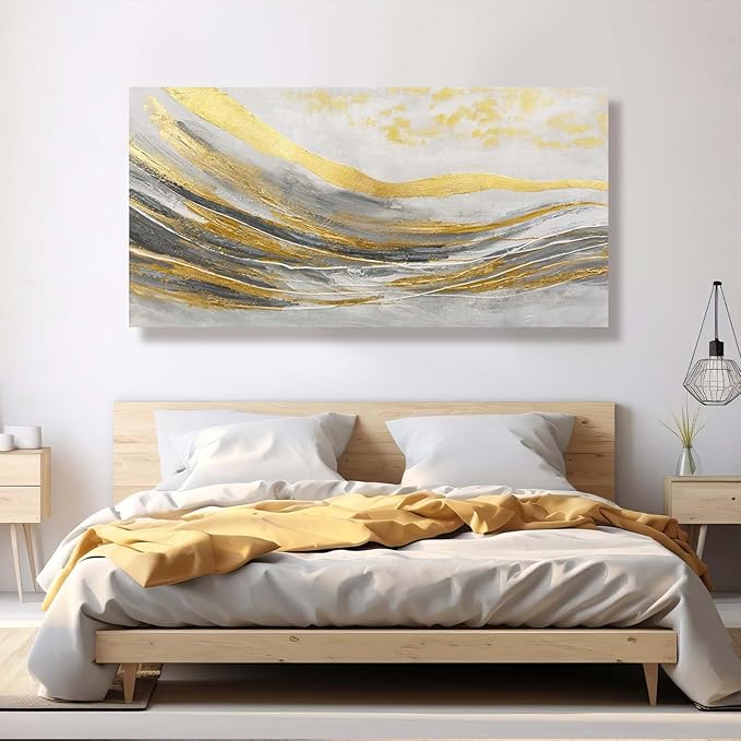 Artexist White Line Wall Paintings Modern Wall Art Gold Foil Photo Prints 29"x58" Large Dining Room Wall Decor Posters for Bedroom