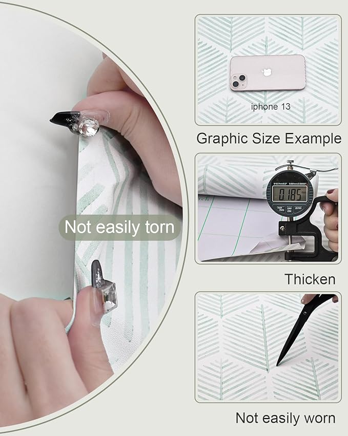 MelunMer Modern Peel and Stick Wallpaper Boho Contact Paper for Cabinets/Drawers 197In L 17.3In W Self Adhesive Removable Wallpaper for Bedroom/Bathroom Waterproof Geometric Contact Paper Green/White