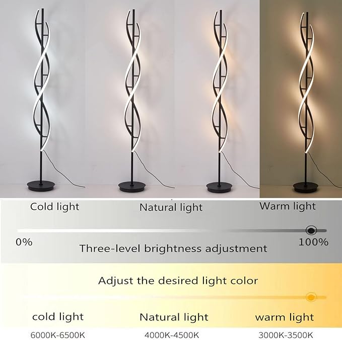NKU Spiral Floor Lamp for Living Room Modern LED Floor Light with Remote Dimmable Control Sleek Spiral Design Corner Lamp for Bedroom, and Office Lighting Tall Standing Floor Lamp Black 63 inch