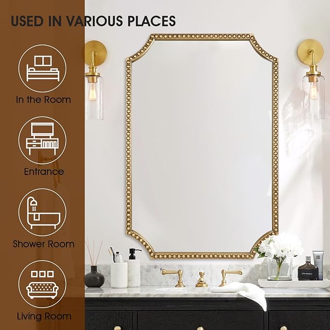 30"x40" Mirror for Wall, Full Scalloped Corners Rectangle Decorative Mirror, Metal Beaded Frame Accent Wall Decor for Bathroom, Entryway, Mantel, Antique Gold