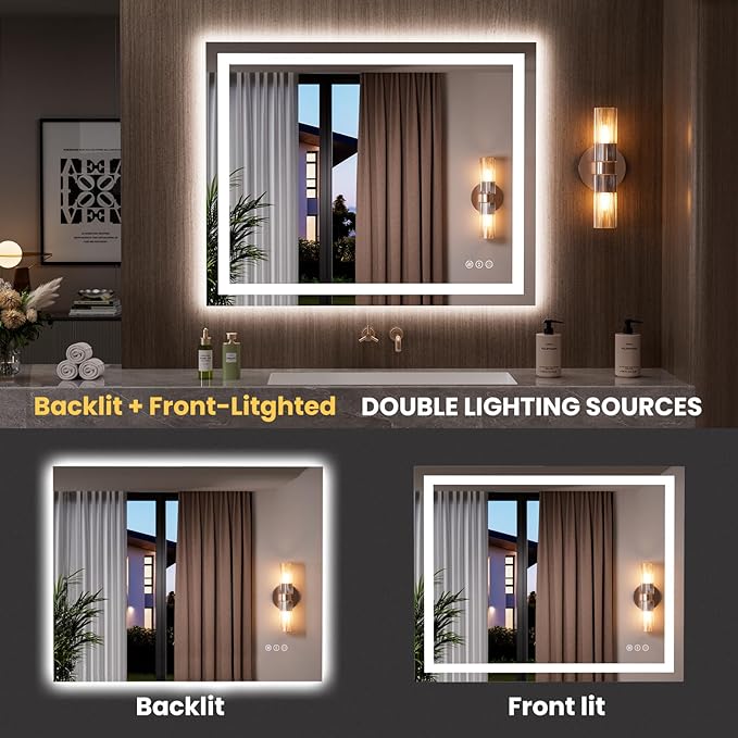 LOAAO 39.4"x31.5" LED Mirror for Bathroom, Lighted Bathroom Mirror with Lights, Anti-Fog, Dimmable, Memory Function, Easy to Install, Clear Reflection