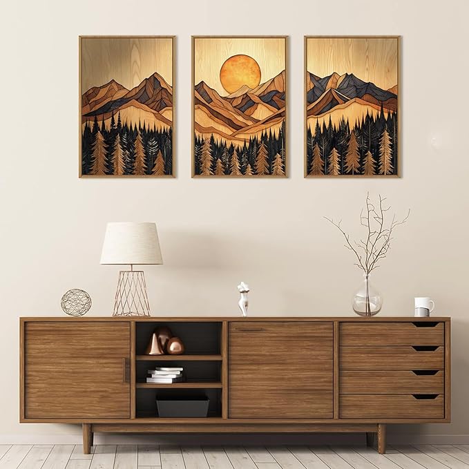 Ausril Woodcut Mountain Pine Tree Framed Canvas Wall Art Set of 3-24x36 Inch, Vintage Nature Forest Wilderness Landscape Print, Brown Boho Style Painting for Living Room, Bedroom, Office Decor