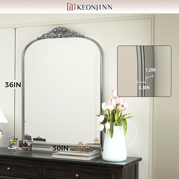 Keonjinn Vintage Mirror 30" x 36", Silver Antique Mirrors for Wall Decor, Arched Decorative Mirror for Mantle, Hallway, Living Room, Fireplace, Bedroom, Bathroom Mirror with French Cleat Mounting