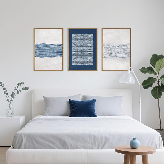 Large Abstract Navy Blue and White Framed Canvas Wall Art,Minimalist Boho Waves Lines Wall Decor,Modern Mid Century Artwork,Neutral Geometric Art Print for Living Room,Bedroom,Office- 24"x36"x3