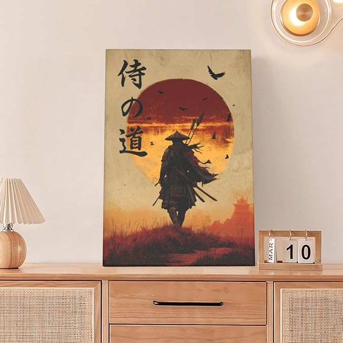 Japanese Samurai Wall Art Oriental Asian Bushido Wall Decor Warrior Figure Canvas Pictures Paintings Prints Japan Traditional Aesthetic Artwork Framed Decorations For Bedroom Living Room Office Gifts 16" x 24"