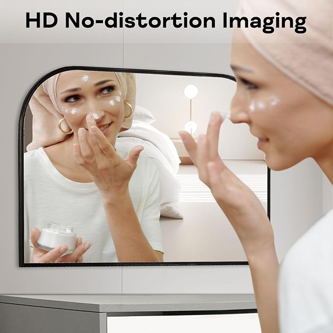 Modern Large Wall Mirror, Modern Mantel Minimalist Home Decor, Brushed Black Metal Framed Arched Mirror for Living Room, Bedroom, Fireplace, Mantle, Entryway, Bathroom, 36" x 24", Black