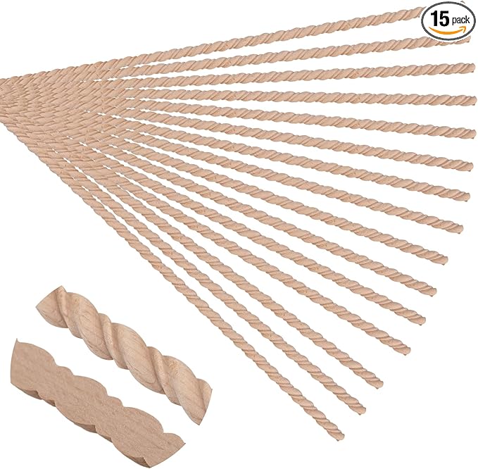 15-Pack 15.75" Unfinished Wood Spiral Wave Trim - Easy to Paint, Cute Decorative Molding DIY Craft for Furniture Frame, Mirror Edge, Wall, Door, Closet, Dresser, Shelf