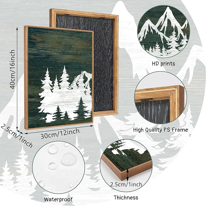 LHIUEM Framed Mountain Tree Canvas Wall Art Set of 3(12”X16”)Modern Greenery Forest Prints Abstract Country Mountain Rainier Wood Wall Picture Horizontal Long Wood Zen Artwork for Living Room Bedroom
