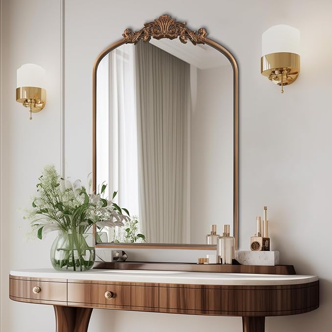 Antique Gold Arched Baroque Mirror 24x36 - Brass Finish Metal Frame, Intricately Carved Vertical Wall Mirror for Entryway, Living Room, Bathroom Vanity & Dining Room