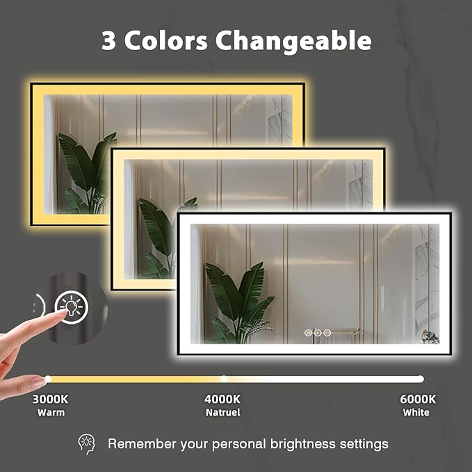 60x30 Lighted Bathroom Mirror, Wall-Mounted, Black Rim Mirror, Vanity(Front and Backlit), Stepless Dimmable CRI90+, Anti-Corrosion, Anti-Rust, Touch Sense, Memory(Horizontal/Vertical)