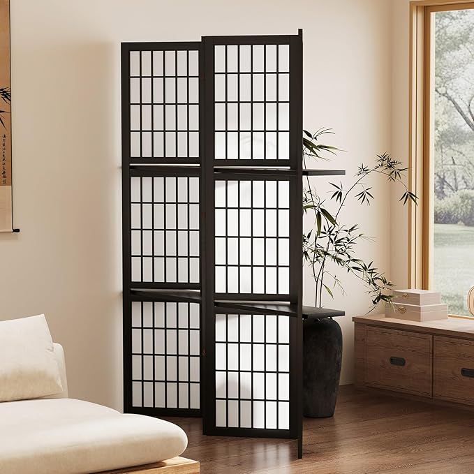 5.6FT Room Divider and Folding Portable Partition Screen, Chinese Japanese Shoji Style with Three Display Shelves for Room Separation - 4 Panel (Black)