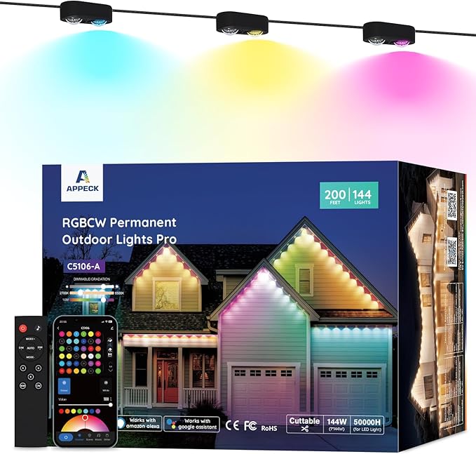 APPECK Permanent Outdoor Lights Pro 200ft, 144W RGBCW Eaves Lights with 144 LED Lights, 80lm, Cuttable, 111 Scene Modes, IP67 Waterproof Lighting for Halloween Decoration, Work with Alexa, Black