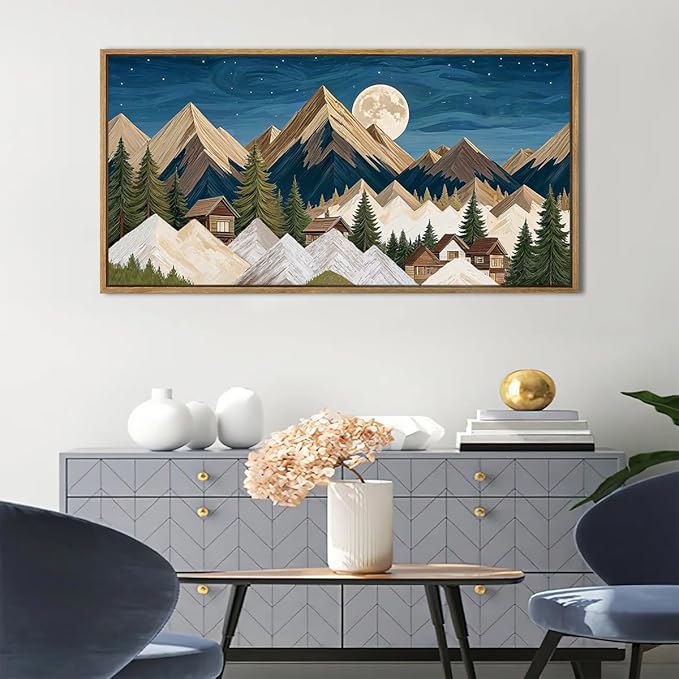 Large Mountain Wall Art Framed Rustic Wood Mountain Wall Decor for Living Room Bedroom Dining Room Office 20x40 Inch Single Artwork