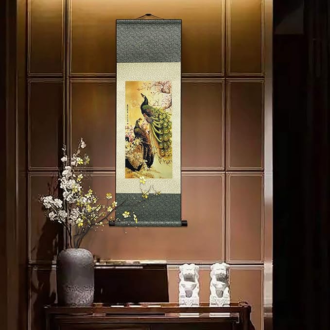 AtfArt Asian Wall Decor Beautiful Silk Scroll Painting Birds - Peacock - Cuiyu Pixia Oriental Decor Chinese Art Wall Scroll Wall Hanging Painting Scroll (36.2 x 12 in)