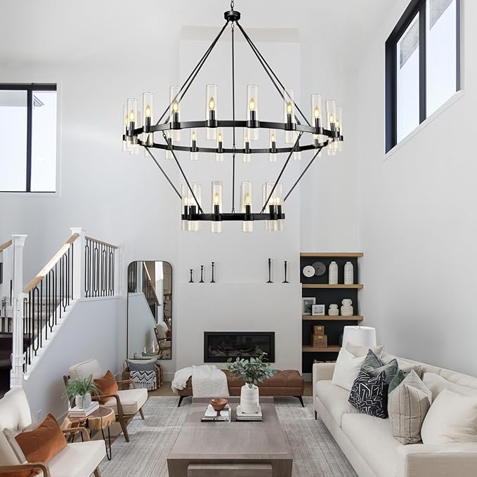 2 Tier Black Wagon Wheel Chandelier, 60 Inch Farmhouse Chandelier with Glass Tube, 30-Light Large Round Chandeliers for Dining Room, Living Room, Bedroom and Entryway