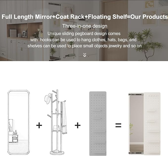 KungFuWood Full Length Mirror with Shelf and Hooks,Entry Way Mirrors for Wall,Wall Mirror with Shelf,Wall Mirror with Storage Multifunctional Design Panel,Living Room