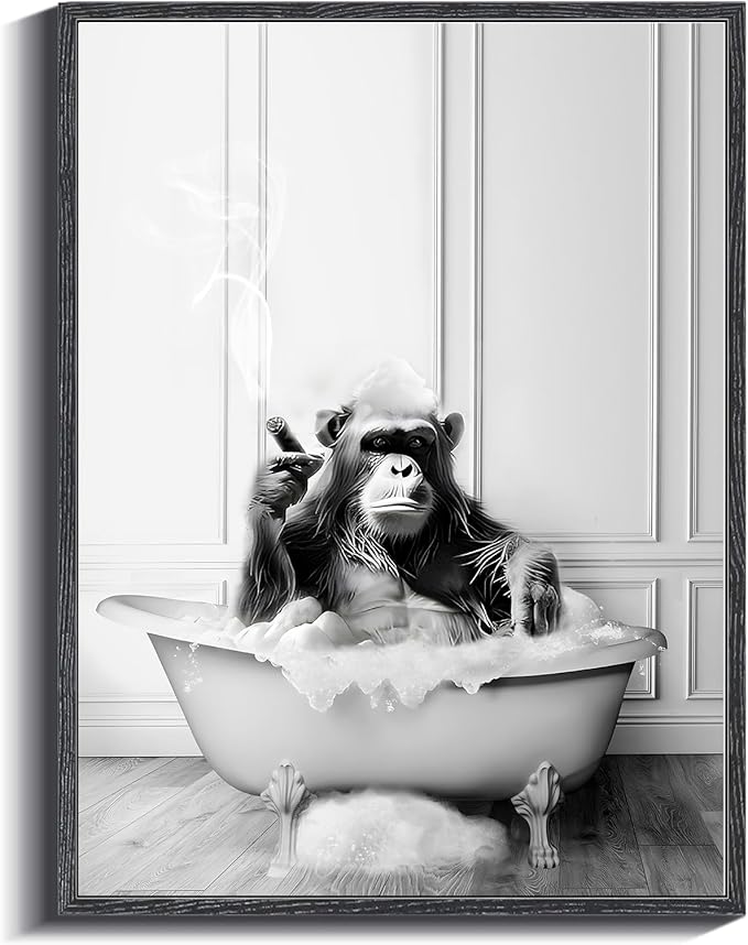 KBKBART Framed Canvas Wall Art, 12x16 Inch Funny Canvas Chimpanzee in Bathtub Bathroom Picture, Black and White Bathroom Wall Art Decor, Cute Humor Animals Wall Decor Signs