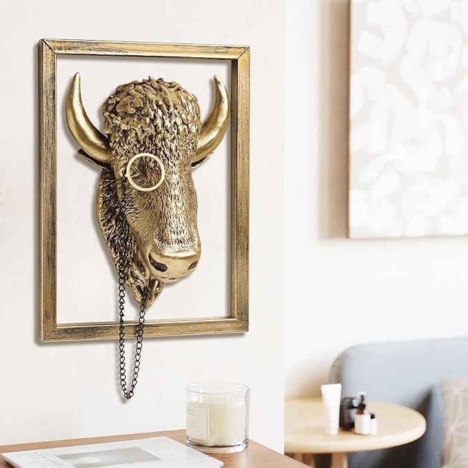 Newinhome Animal Heads Wall Decoration (Gift Metal Frame) Resin Animals Sculptures Head Wall Hanging Decor Gold vintage Wall Sculpture for Living Room Bedroom Office(Bull)