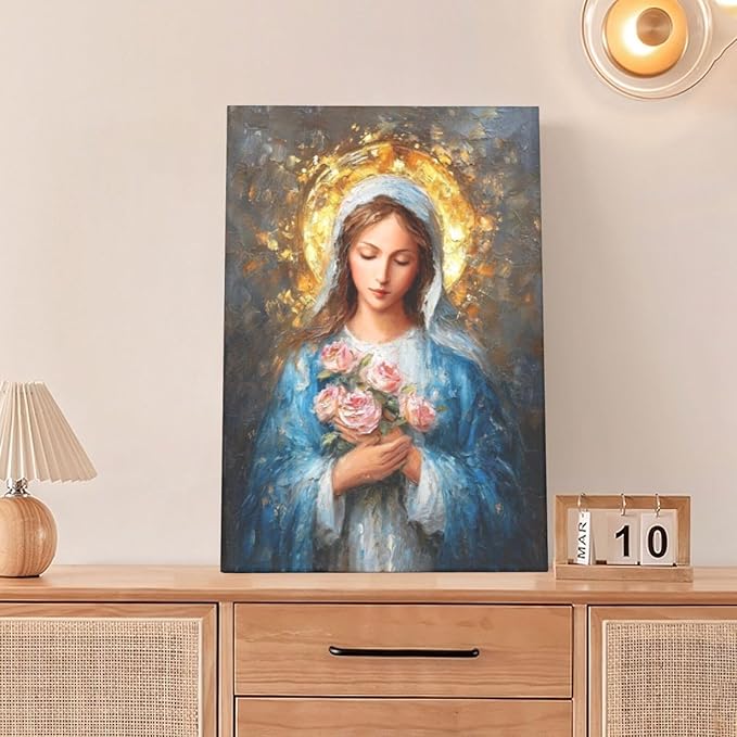 Christian Mary Wall Art Mary Mother Of God Canvas Wall Decor Catholic Blessed Mother with Roses Pictures Christ Paintings Prints Religious Bible Artwork Framed Decorations For Church Prayer Room Chapel Bathroom Bedroom Living Room Gifts 16" x 24"