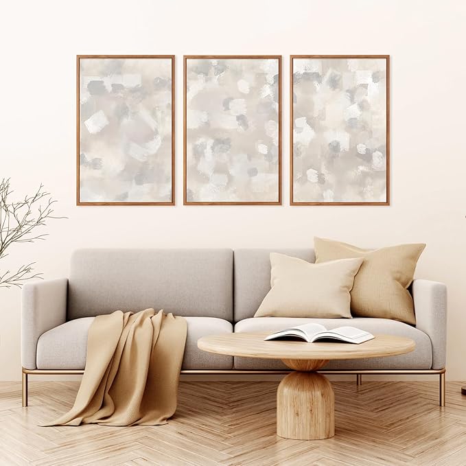 Abstract Gray Beige White Pastel Wall Art Set(16"x24"), 3 Pieces Neutral Geometric Strokes Shapes Illustration Framed Canvas Artwork, Large Mid Century Modern Minimalist Wall Decor for Office Bedroom Living Room