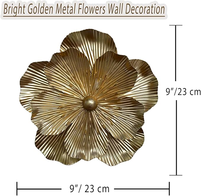 Metal Flower Wall Art Decor, 9" Rustic Modern Floral Sculpture, Distressed Iron Wall Hanging Home Decoration Accent Artworks for Indoor Kitchen Bedroom Living Office Outdoor Garden Patio (35A-Gold)