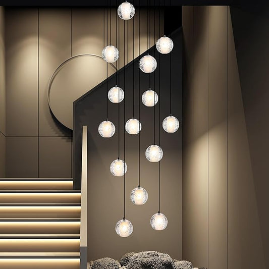 Black chandelier-14-Lights Staircase Chandelier for Living Room Hight Ceiling Foyer Pendant Lighting Fixture Modern Crystal Chandelier Spiral Stairwell Lighting Round Base Light, Warm Light