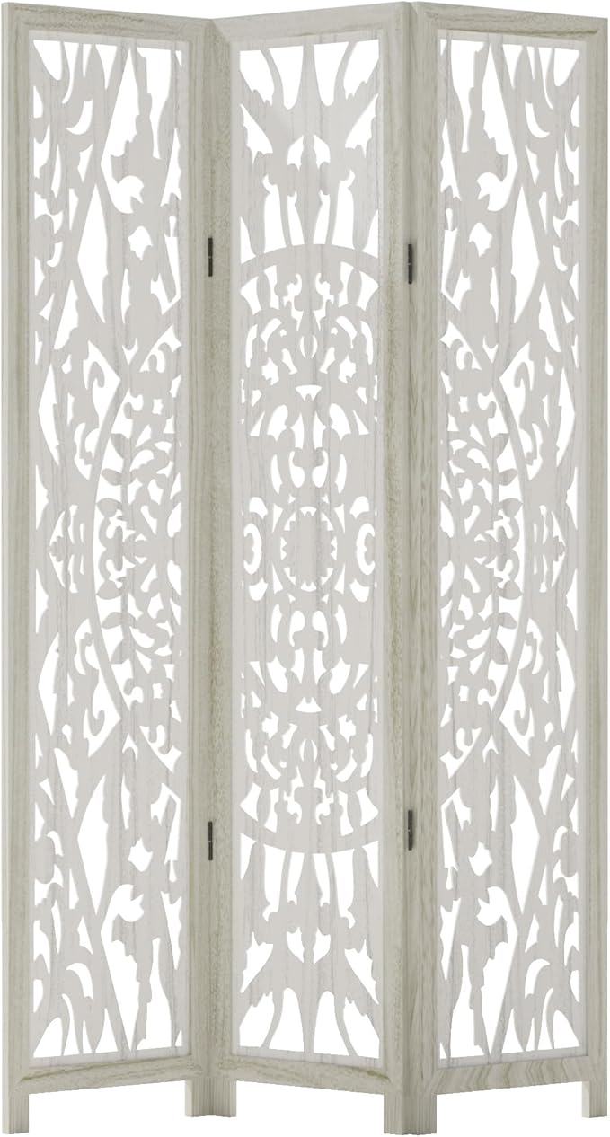 Casaphoria 3 Panels Room Divider, Folding Screen Room Divider with Carved Floral Pattern for Home Office, Restaurant and Bedroom, Paulownia Wood, 47" W x 67" H (White)