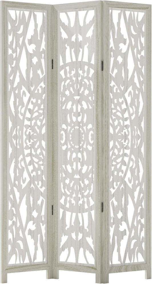 Casaphoria 3 Panels Room Divider, Folding Screen Room Divider with Carved Floral Pattern for Home Office, Restaurant and Bedroom, Paulownia Wood, 47" W x 67" H (White)