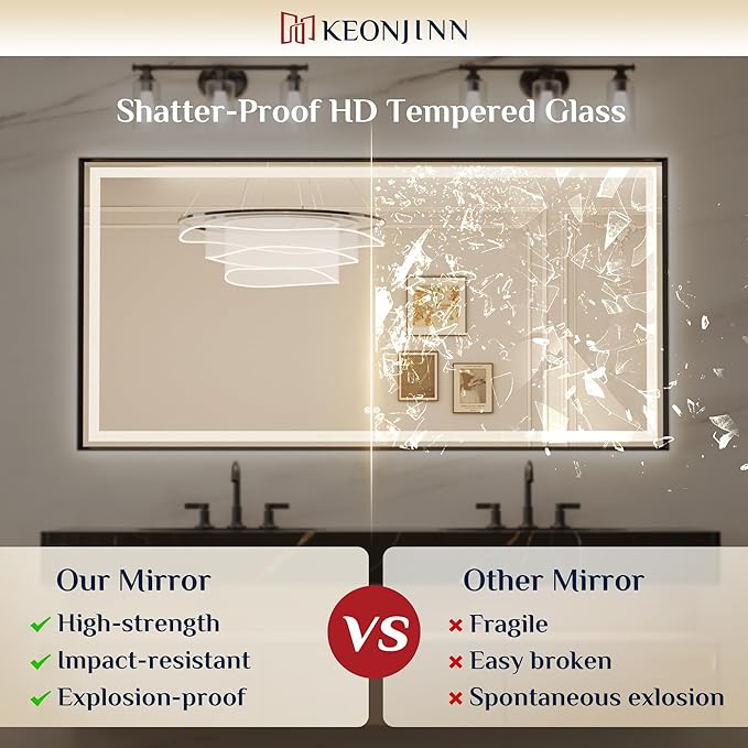 Keonjinn 24 x 32 Inch Black LED Bathroom Mirror with Frontlit & Backlit, Lighted Bathroom Mirrors Wall Mounted, Tempered Glass, Aluminium Alloy Beveled Frame, 3000K/4500K/6000K, Dimmable, Defogging