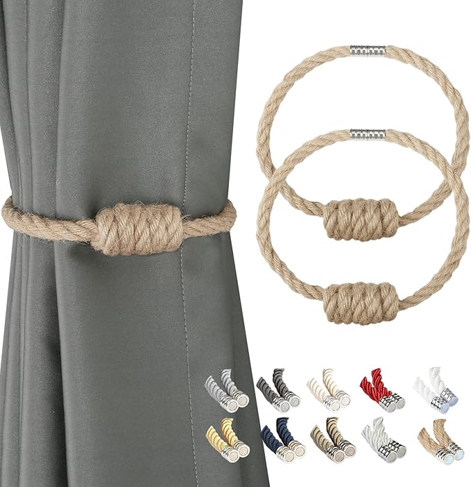 BEL AVENIR Magnetic Jute Curtain Tiebacks, Decorative Drapery Holdbacks Bohemian Style Woven Tie-Backs with Exquisite Knot (Jute, 2 Pack)