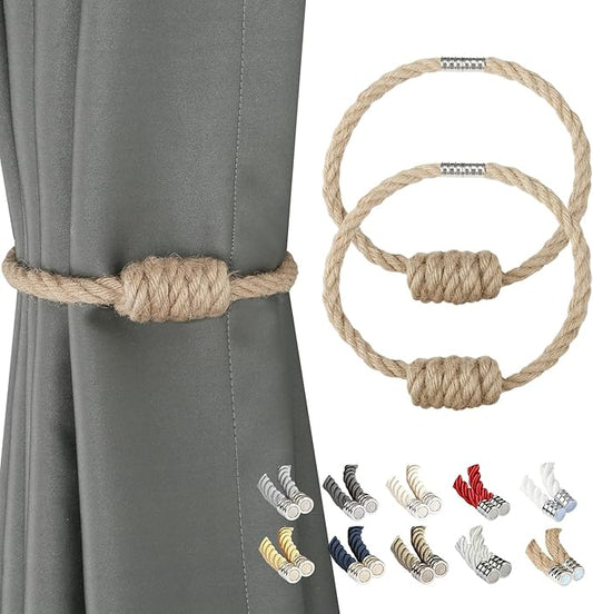 BEL AVENIR Magnetic Jute Curtain Tiebacks, Decorative Drapery Holdbacks Bohemian Style Woven Tie-Backs with Exquisite Knot (Jute, 2 Pack)