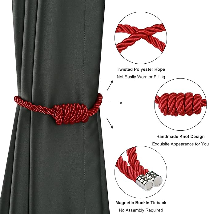BEL AVENIR Magnetic Curtain Tiebacks, Decorative Drapery Holdbacks Modern Woven Tie-Backs with Exquisite Knot (Red, 2 Pack)