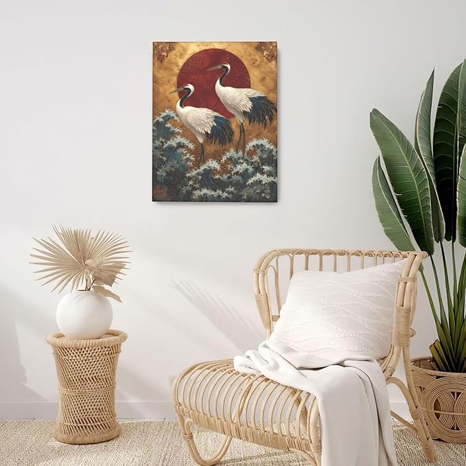 Japanese Crane Wall Art Gold Oriental Asian Wall Decor Sandhill Crane Canvas Pictures Paintings Prints Japan Traditional Aesthetic Artwork Framed Chinese Decorations For Bedroom Living Room Office Gifts 16" x 20"
