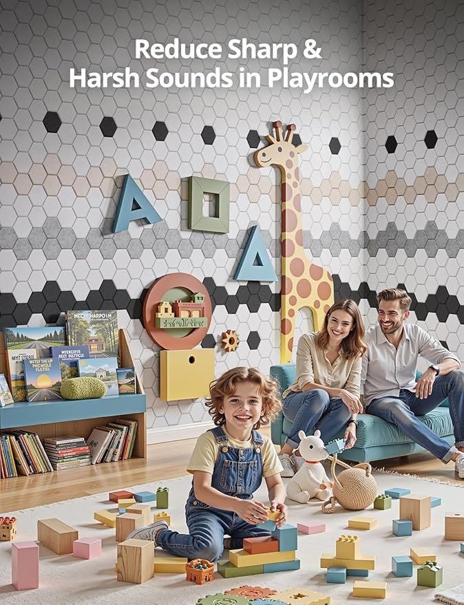 Acoustic Wall Panels Sound Absorbing, Honeycomb Self Adhesive Wall Tiles Panel, 12 Pack Decorative Hexagon Design for Studio, Home Office, Gaming Room, Acoustic Treatment, 12"x12"x0.4", White