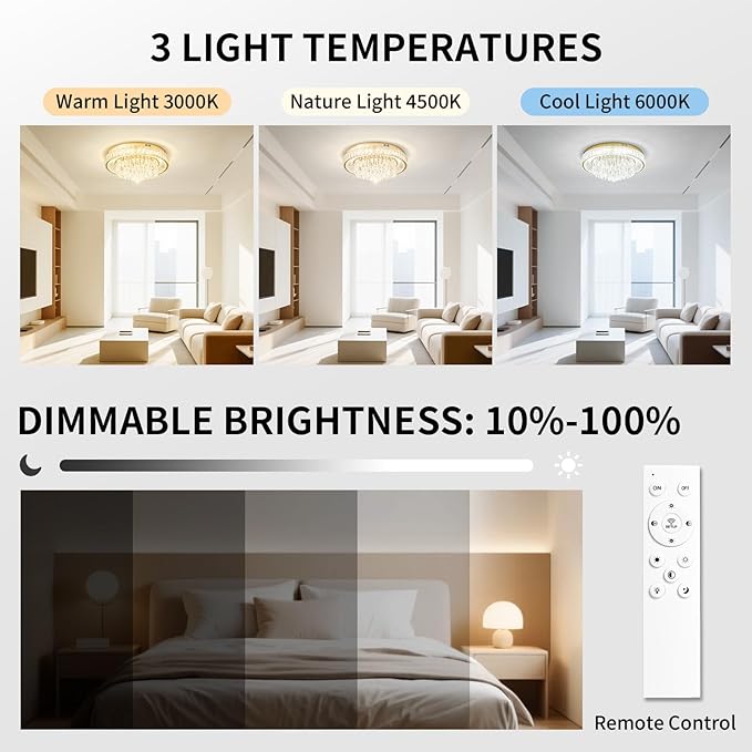 Modern Dimmable Led Crystal Chandelier: Flush Mount Crystals Ceiling Light with Remote - 24" Round Crystal Chandeliers Gold Ceiling Lighting Fixtures for Dining Room Bedroom Living Room Entryway