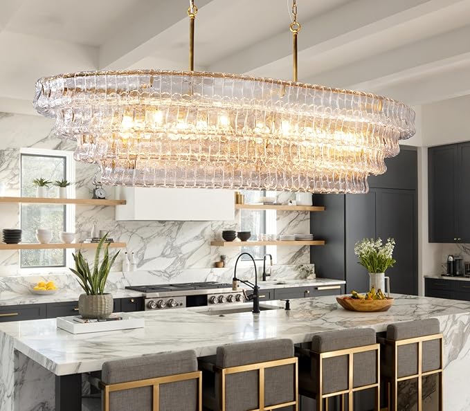 65 Inch Large Rectangular Gold Chandelier for Dining Room, Clear Glass Drum Modern Pendant Light Fixture, Extra Long Kitchen Island Lighting